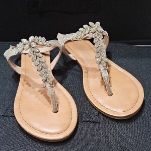Embellished T-Strap Sandals in Champagne